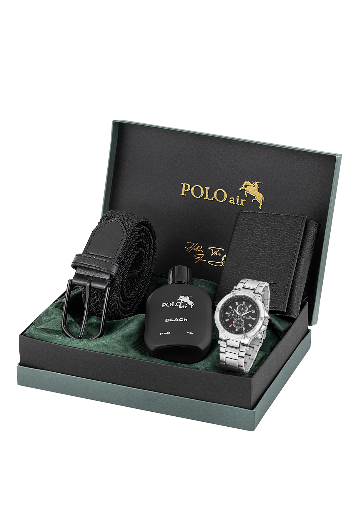 Erkek Kol Saati Esnek Kemer Mıknatıslı Cüzdan Parfümlü Kombin Set Gümüş Siyah Renk Pl-7034E1 Siyah Pl-7034E1