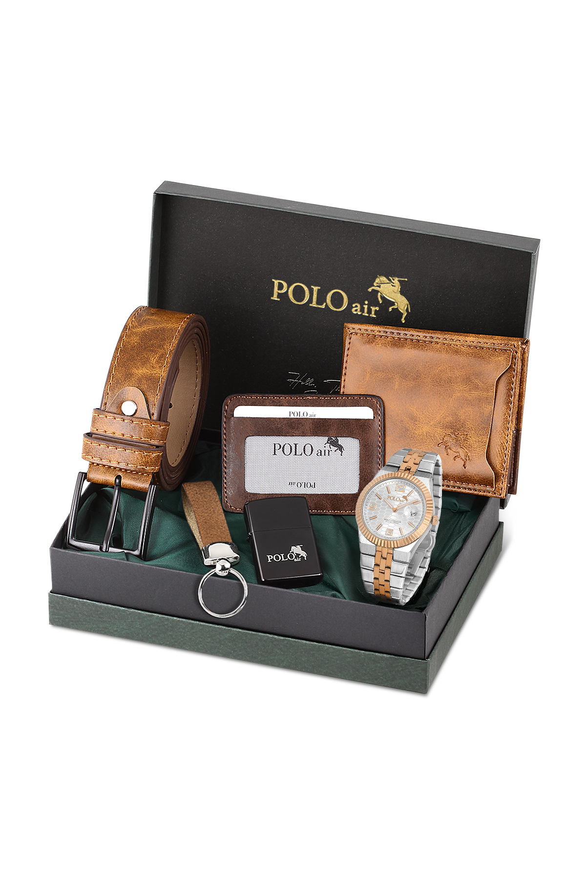 Erkek Kol Saati Kemer Cüzdan Kartlık Çakmak Anahtarlık Hediyelik Kutusunda Bakır Set Pl-7030E5 Gümüş Pl-7030E5