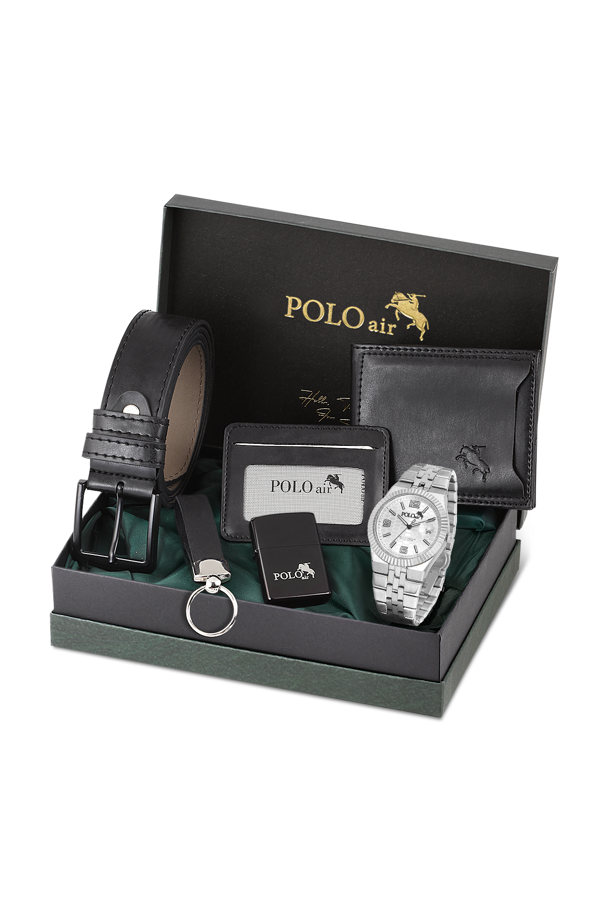 Erkek Kol Saati Kemer Cüzdan Kartlık Çakmak Anahtarlık Hediyelik Kutusunda Gümüş Set Pl-7030E4 Gümüş Pl-7030E4