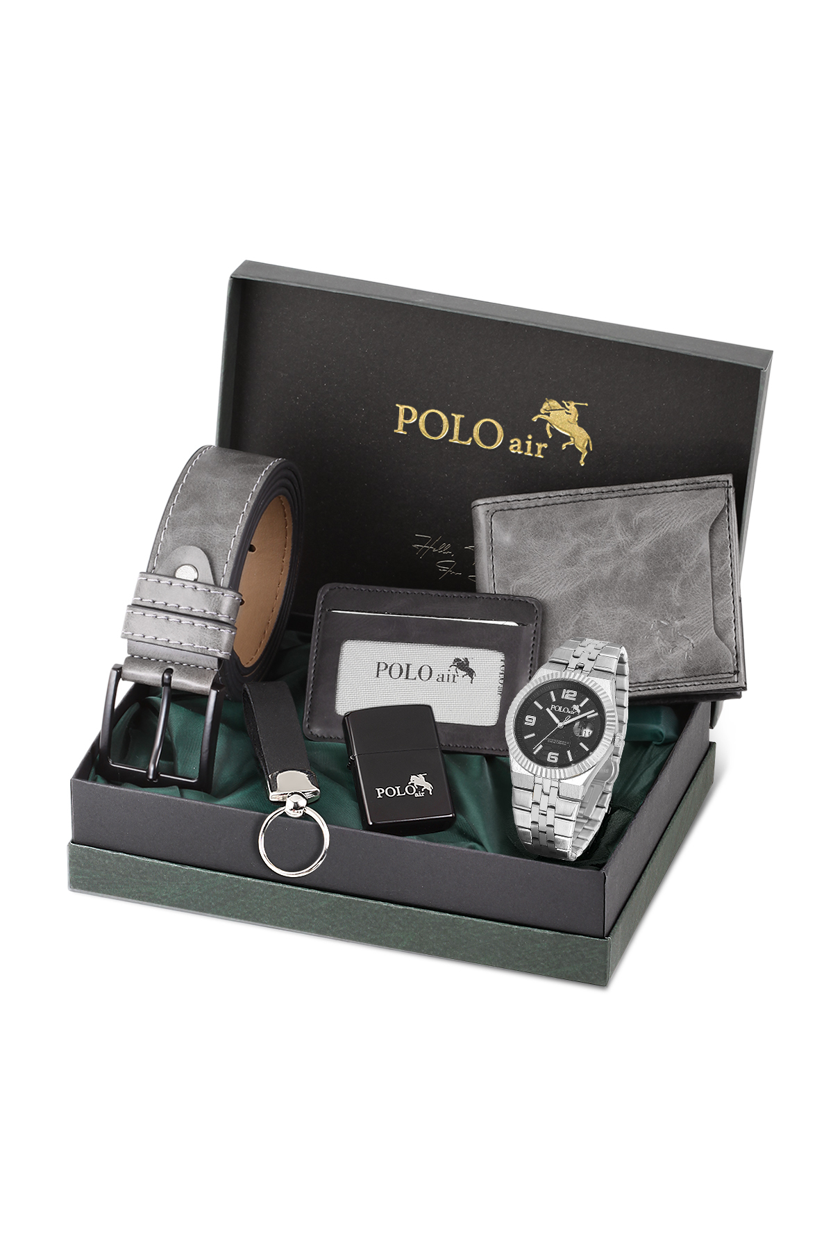Erkek Kol Saati Kemer Cüzdan Kartlık Çakmak Anahtarlık Hediyelik Kutusunda Siyah Set Pl-7030E6 Siyah Pl-7030E6