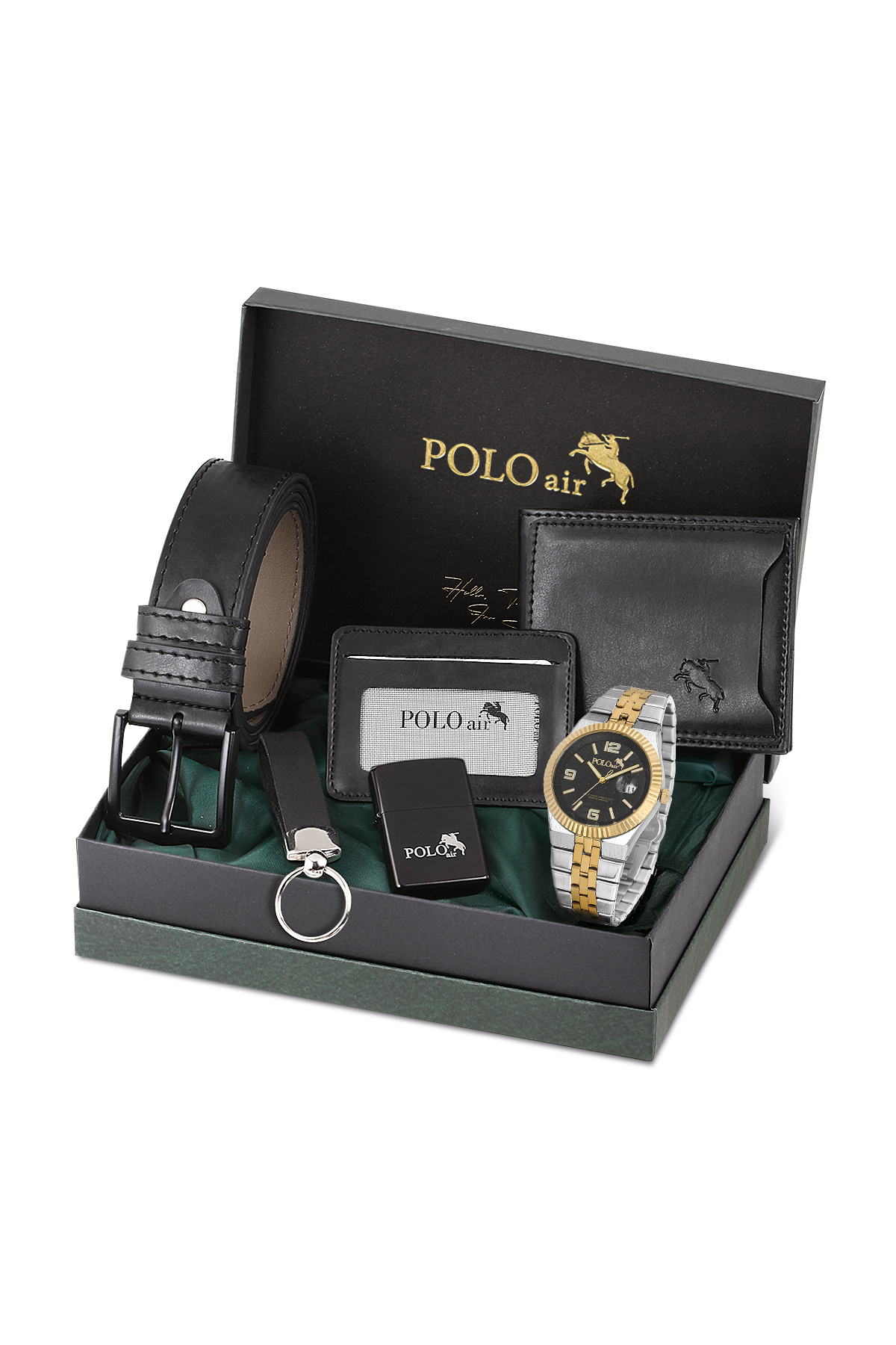 Erkek Kol Saati Kemer Cüzdan Kartlık Çakmak Anahtarlık Hediyelik Kutusunda Siyah Set Pl-7030E8 Siyah Pl-7030E8