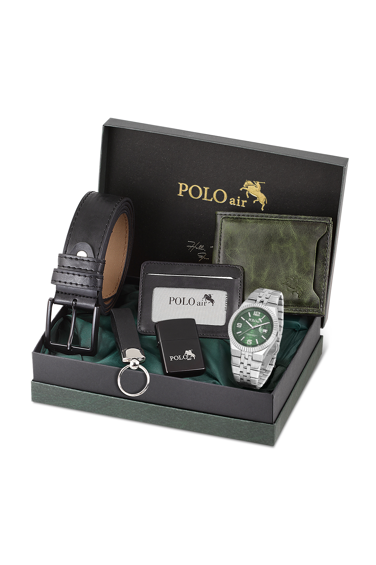 Erkek Kol Saati Kemer Cüzdan Kartlık Çakmak Anahtarlık Hediyelik Kutusunda Yeşil Set Pl-7030E3 Yeşil Pl-7030E3