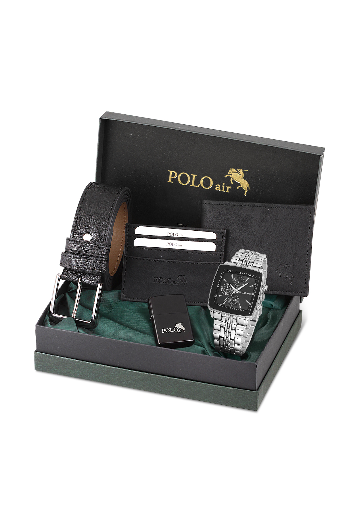 Erkek Kol Saati Kemer Cüzdan Kartlık Çakmak Hediyelik Kutusunda Gümüş Siyah Set Pl-7045E5 Siyah Pl-7045E5