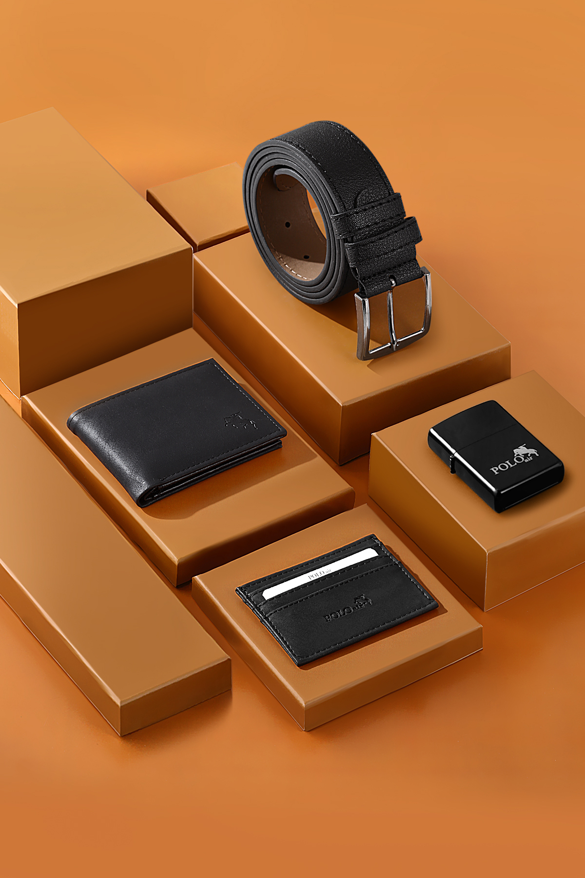 Erkek Kol Saati Kemer Cüzdan Kartlık Çakmak Hediyelik Kutusunda Gümüş Siyah Set Pl-7045E5 Siyah Pl-7045E5