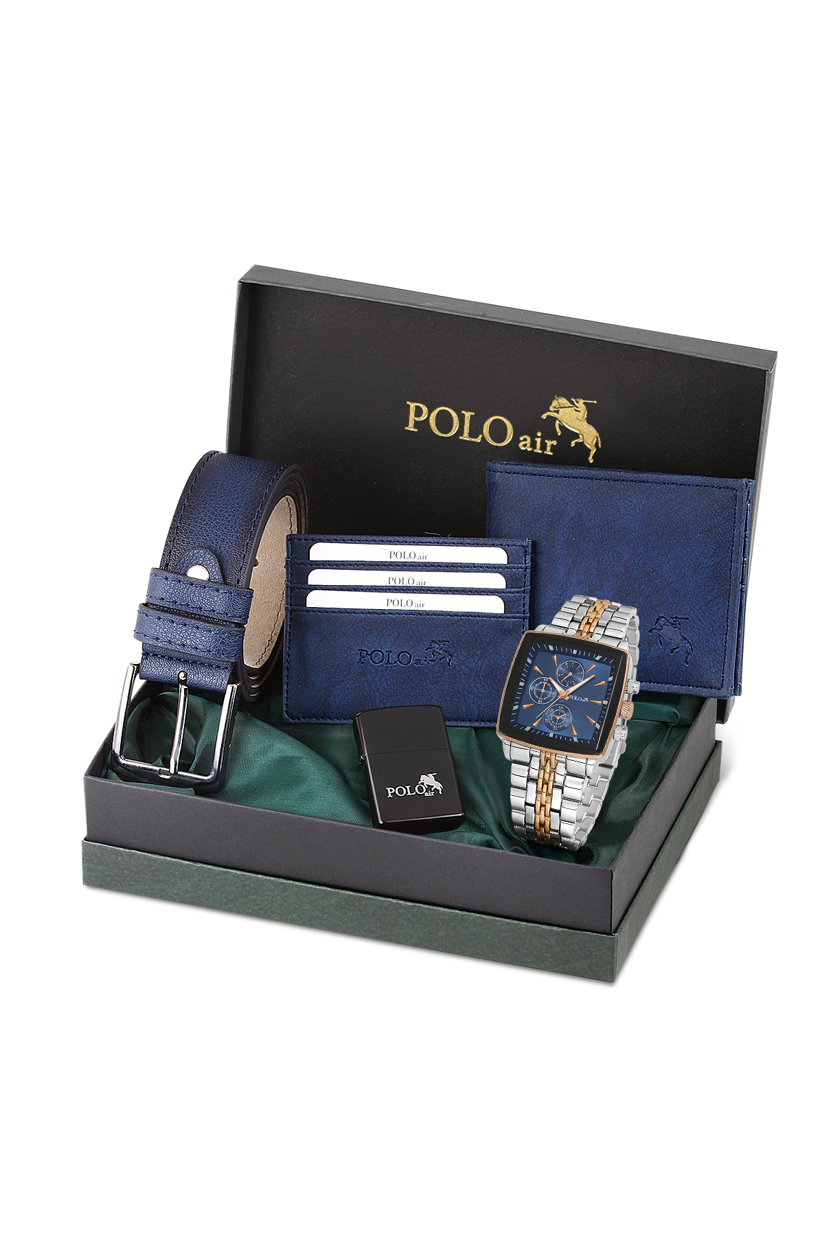 Erkek Kol Saati Kemer Cüzdan Kartlık Çakmak Hediyelik Kutusunda Lacivert Set Pl-7045E2 Lacivert-Bakır-Gümüş Pl-7045E2