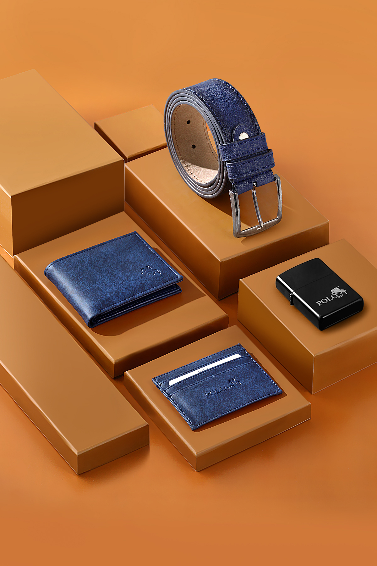 Erkek Kol Saati Kemer Cüzdan Kartlık Çakmak Hediyelik Kutusunda Lacivert Set Pl-7045E2 Lacivert-Bakır-Gümüş Pl-7045E2