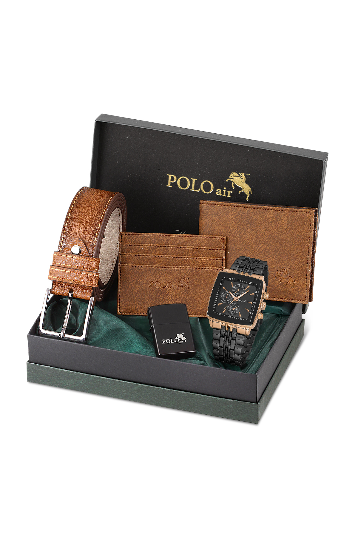 Erkek Kol Saati Kemer Cüzdan Kartlık Çakmak Hediyelik Kutusunda Siyah Bakır Set Pl-7045E6 Siyah Pl-7045E6