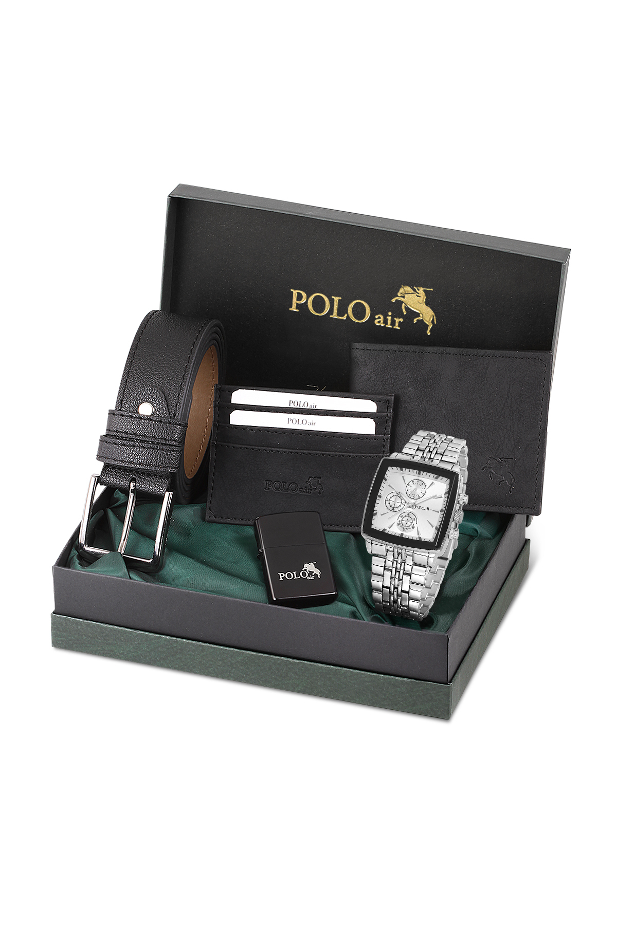 Erkek Kol Saati Kemer Cüzdan Kartlık Çakmak Hediyelik Kutusunda Siyah Gümüş Set Pl-7045E4 Gümüş Pl-7045E4