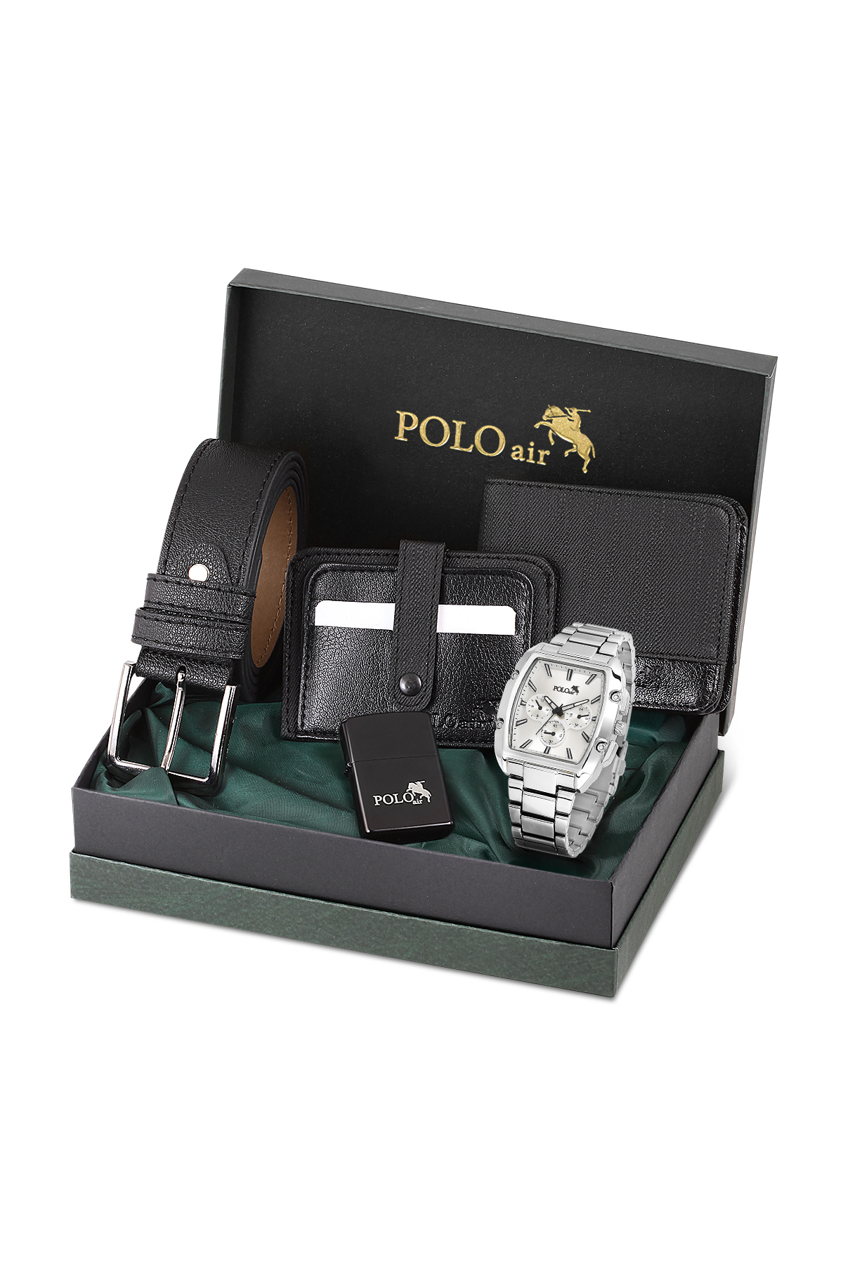 Erkek Kol Saati Kemer Cüzdan Kartlık Çakmak Hediyelik Kutusunda Siyah Set Gümüş Renk Pl-7027E4 Gümüş Pl-7027E4