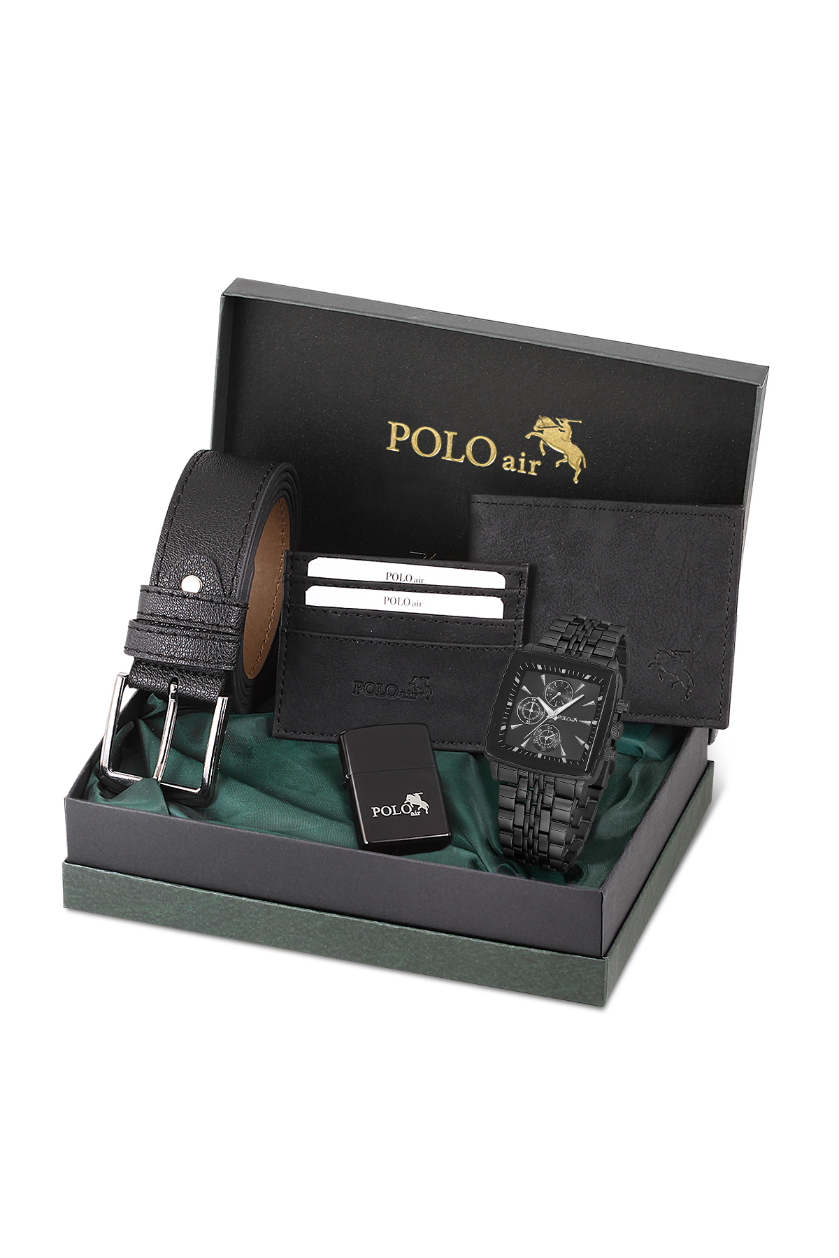 Erkek Kol Saati Kemer Cüzdan Kartlık Çakmak Hediyelik Kutusunda Siyah Set Pl-7045E1 Siyah Pl-7045E1