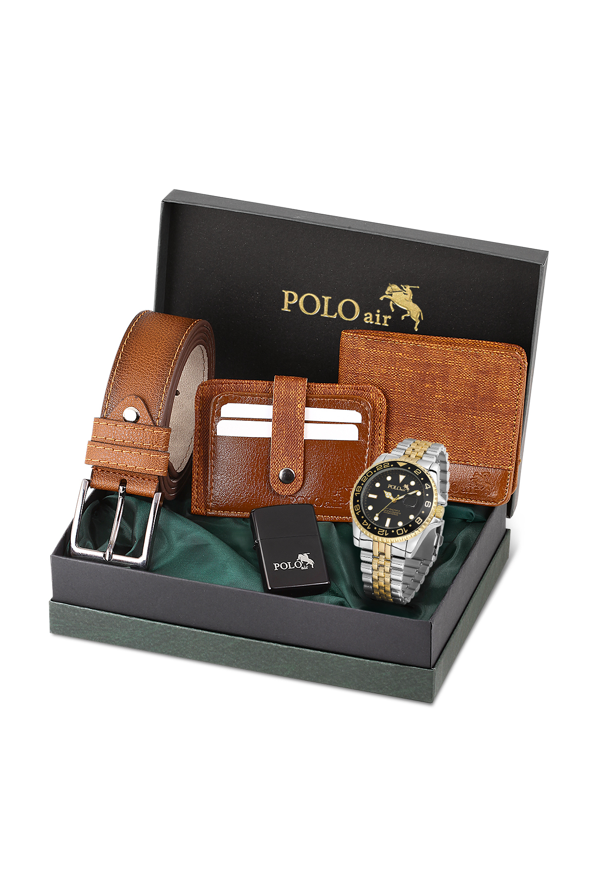 Erkek Kol Saati Kemer Cüzdan Kartlık Çakmaklı Hediyelik Kutusunda Gümüş Altın Siyah Set Pl-7029E4 Siyah Pl-7029E4