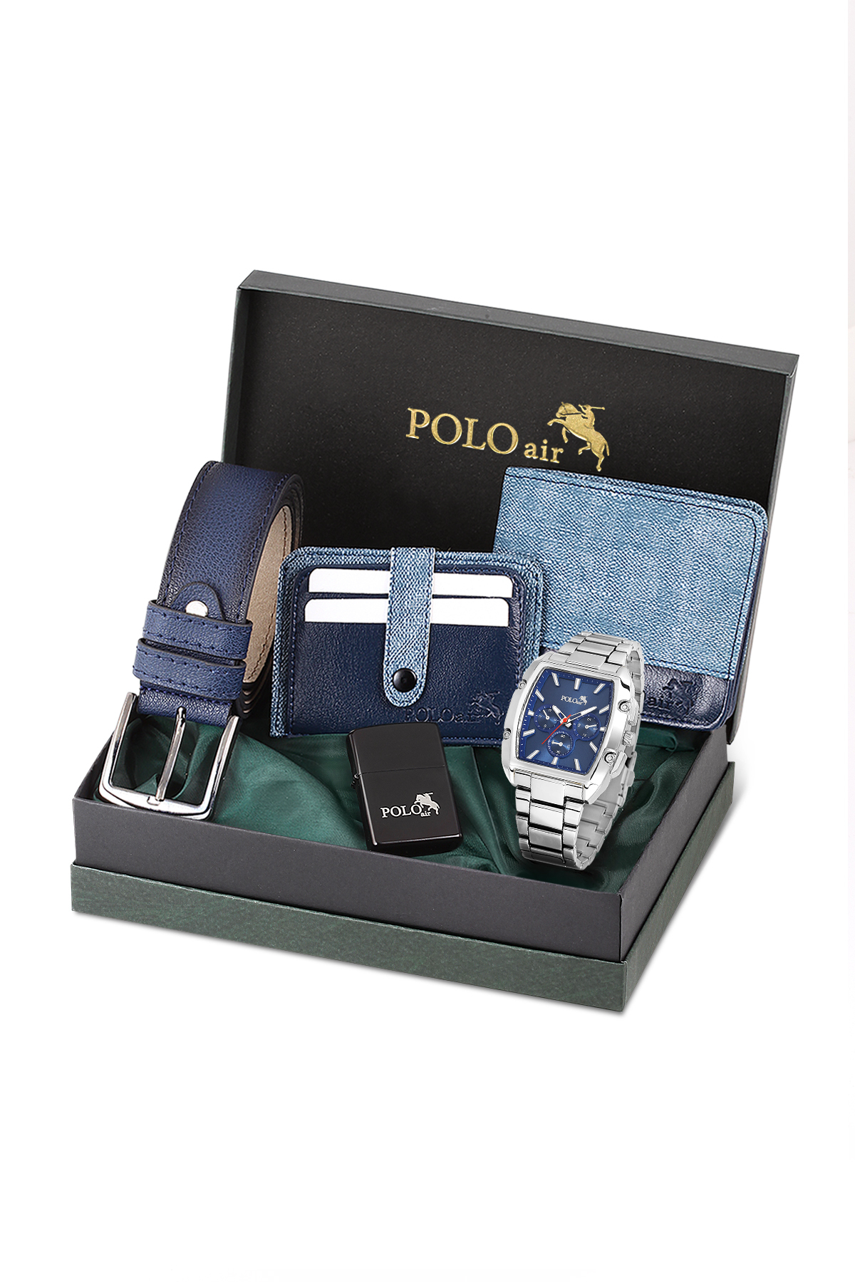 Erkek Kol Saati Kemer Cüzdan Kartlık Çakmaklı Hediyelik Kutusunda Gümüş Lacivert Set Pl-7027E2 Lacivert Pl-7027E2