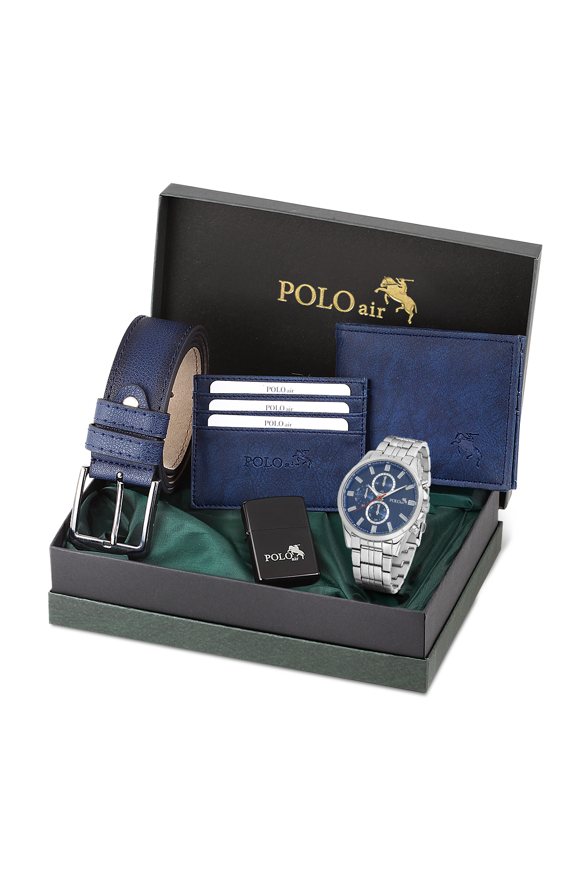 Erkek Kol Saati Kemer Cüzdan Kartlık Çakmaklı Hediyelik Kutusunda Gümüş Lacivert Set Pl-7035E2 Lacivert Pl-7035E2