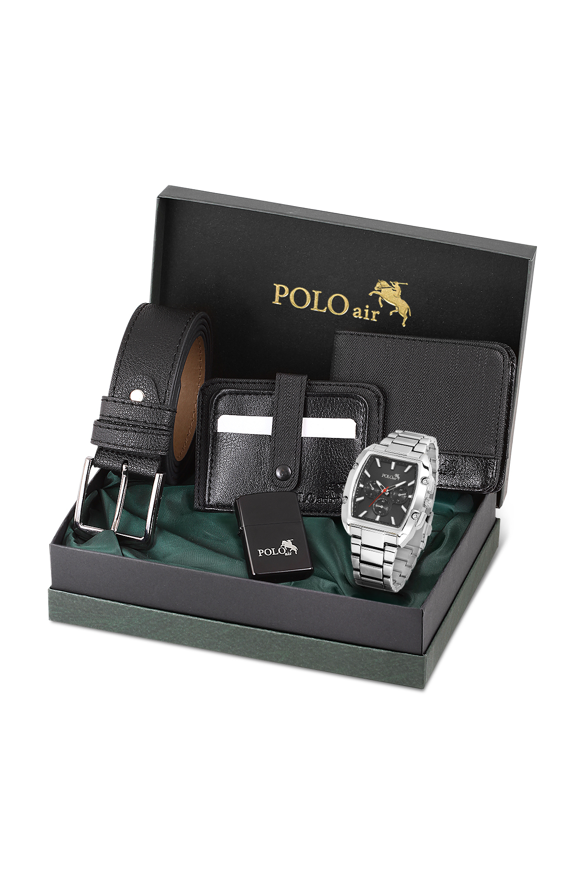 Erkek Kol Saati Kemer Cüzdan Kartlık Çakmaklı Hediyelik Kutusunda Gümüş Siyah Set Pl-7027E5 Siyah - Gümüş Pl-7027E5