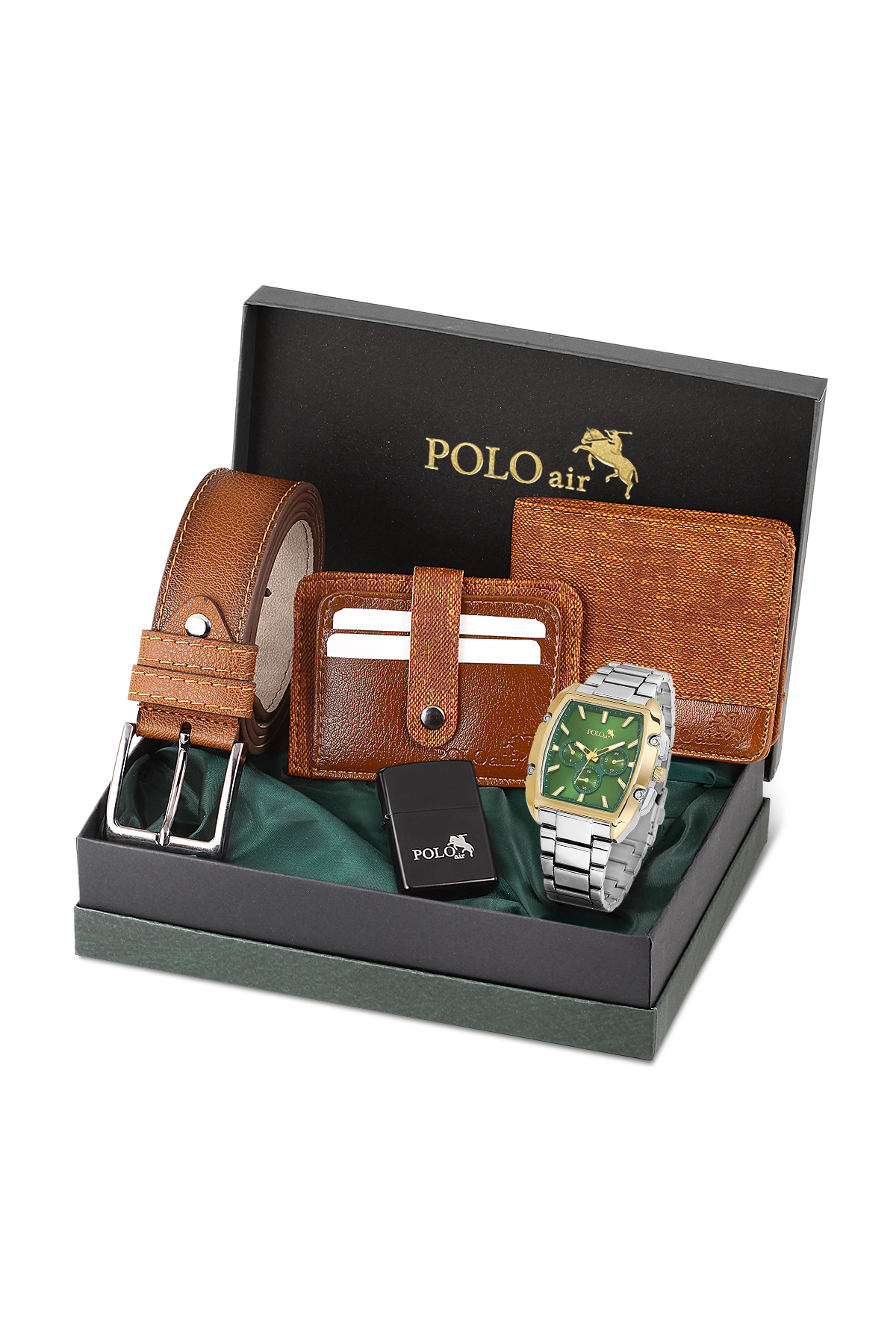 Erkek Kol Saati Kemer Cüzdan Kartlık Çakmaklı Hediyelik Kutusunda Gümüş Yeşil Set Pl-7027E3 Yeşil Pl-7027E3