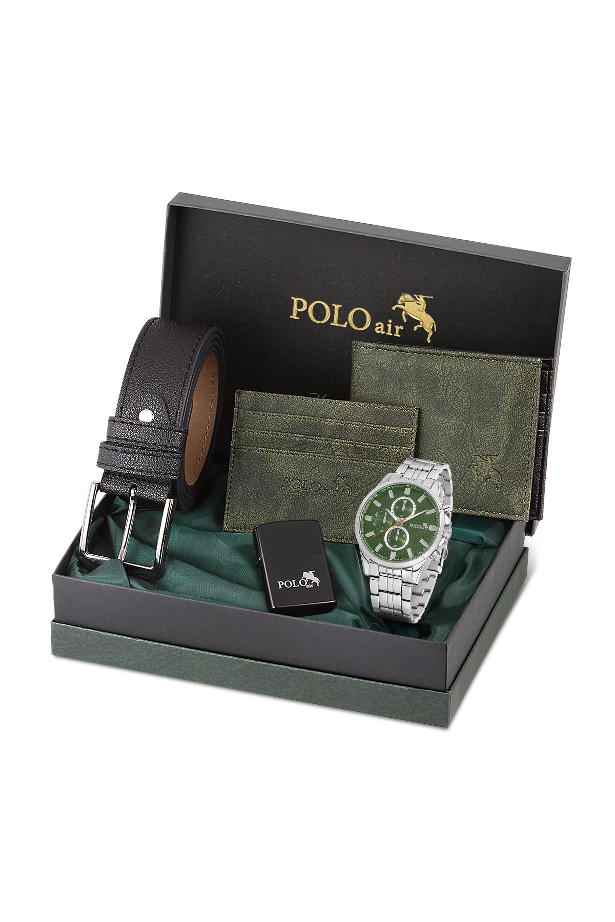Erkek Kol Saati Kemer Cüzdan Kartlık Çakmaklı Hediyelik Kutusunda Gümüş Yeşil Set Pl-7035E3 Yeşil - Gümüş Pl-7035E3