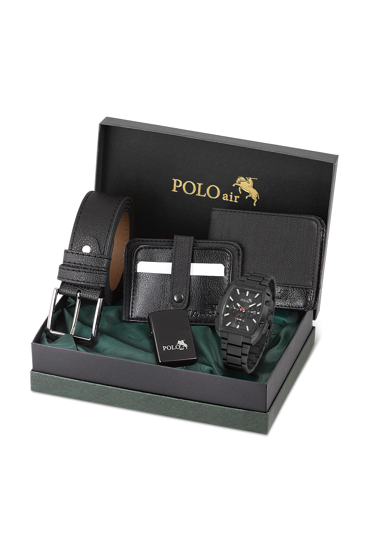 Erkek Kol Saati Kemer Cüzdan Kartlık Çakmaklı Hediyelik Kutusunda Siyah Set Pl-7027E1 Siyah Pl-7027E1