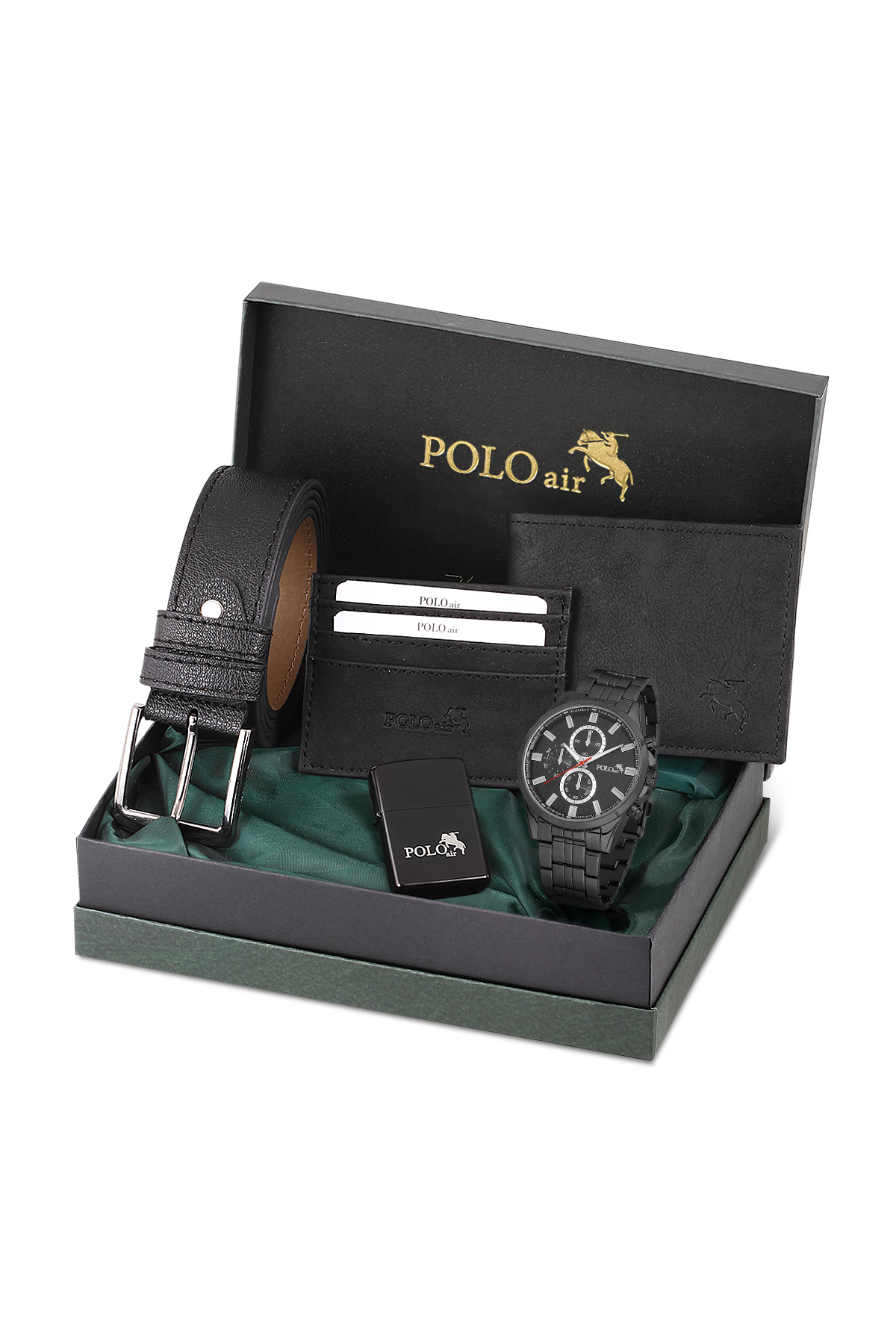 Erkek Kol Saati Kemer Cüzdan Kartlık Çakmaklı Hediyelik Kutusunda Siyah Set Pl-7035E1 Siyah Pl-7035E1