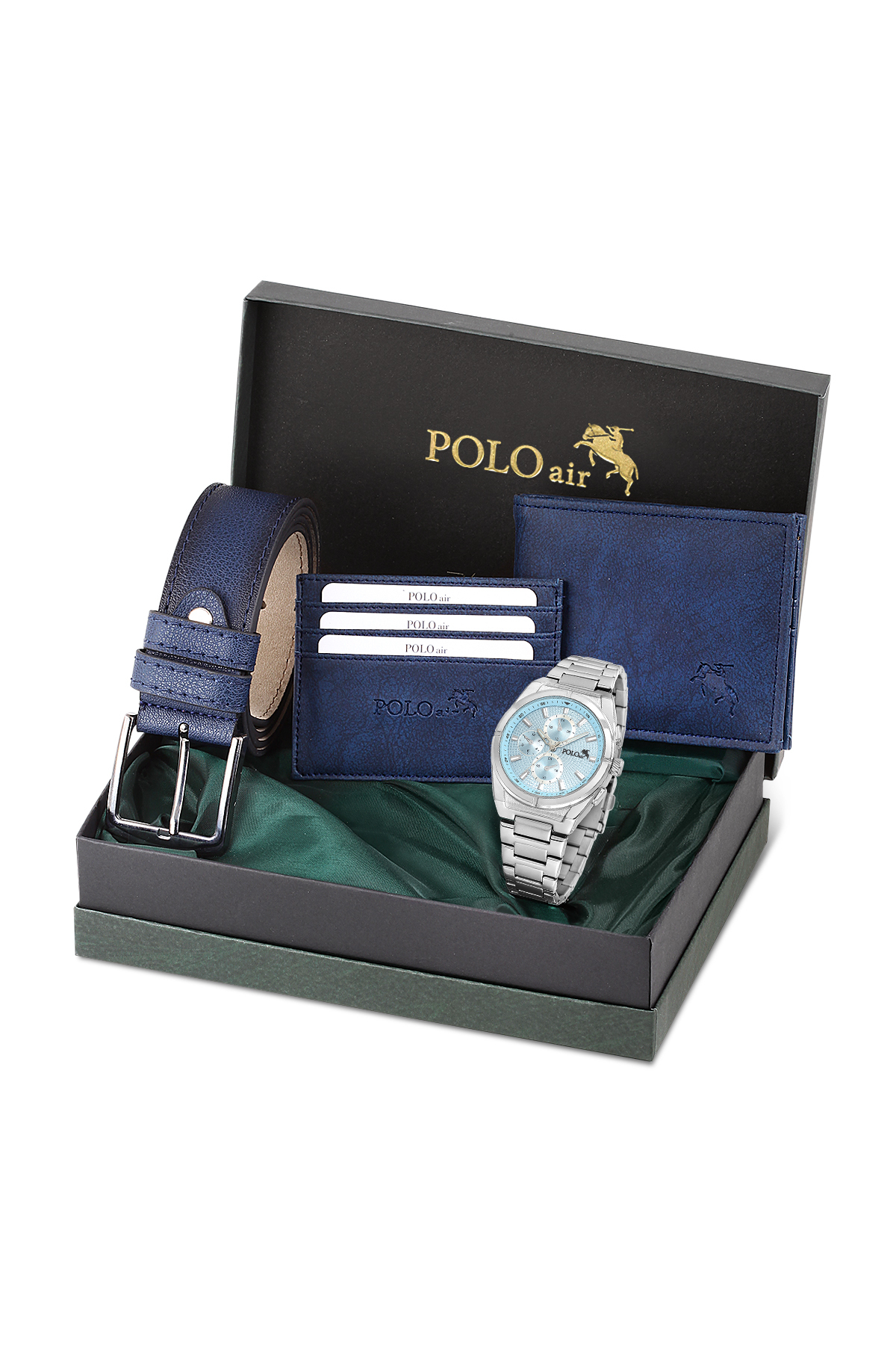 Erkek Kol Saati Kemer Cüzdan Kartlık Hediyelik Kutusunda Gümüş Mavi Set Pl-7028E5 Mavi Pl-7028E5