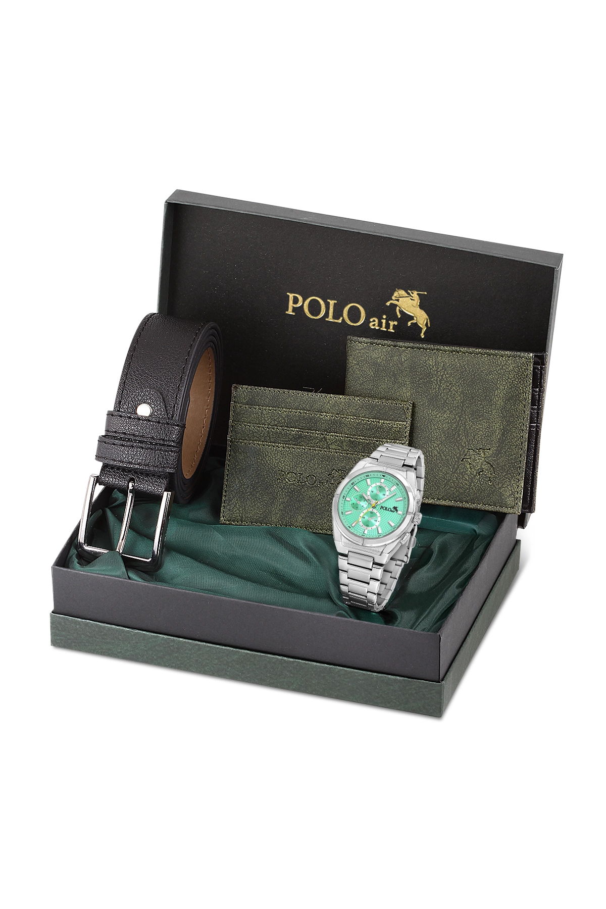 Erkek Kol Saati Kemer Cüzdan Kartlık Hediyelik Kutusunda Su Yeşili Set Pl-7028E3 Gümüş - Su Yeşil Pl-7028E3