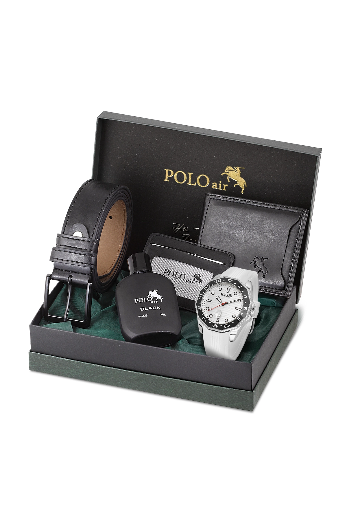 Erkek Kol Saati Kemer Cüzdan Kartlık Parfüm Hediyelik Kutusunda Gümüş Beyaz Set Pl-7049E5 Beyaz Pl-7049E5