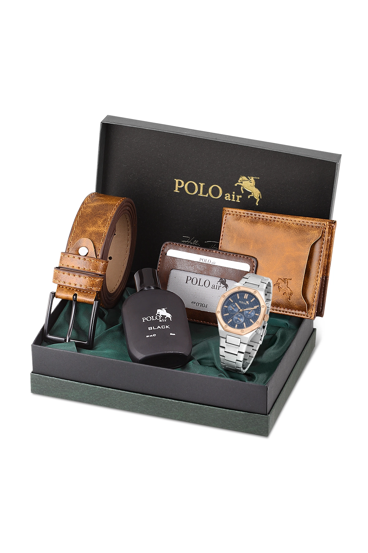 Erkek Kol Saati Kemer Cüzdan Kartlık Parfüm Hediyelik Kutusunda Gümüş Lacivert Bakır Set Pl-7025E5 Lacivert Pl-7025E5