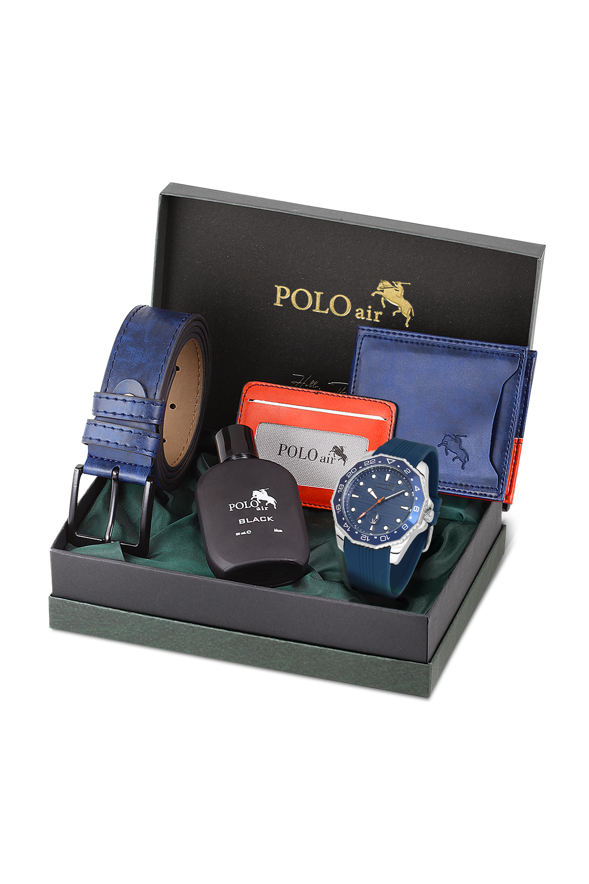 Erkek Kol Saati Kemer Cüzdan Kartlık Parfüm Hediyelik Kutusunda Gümüş Lacivert Set Pl-7049E2 Lacivert Pl-7049E2