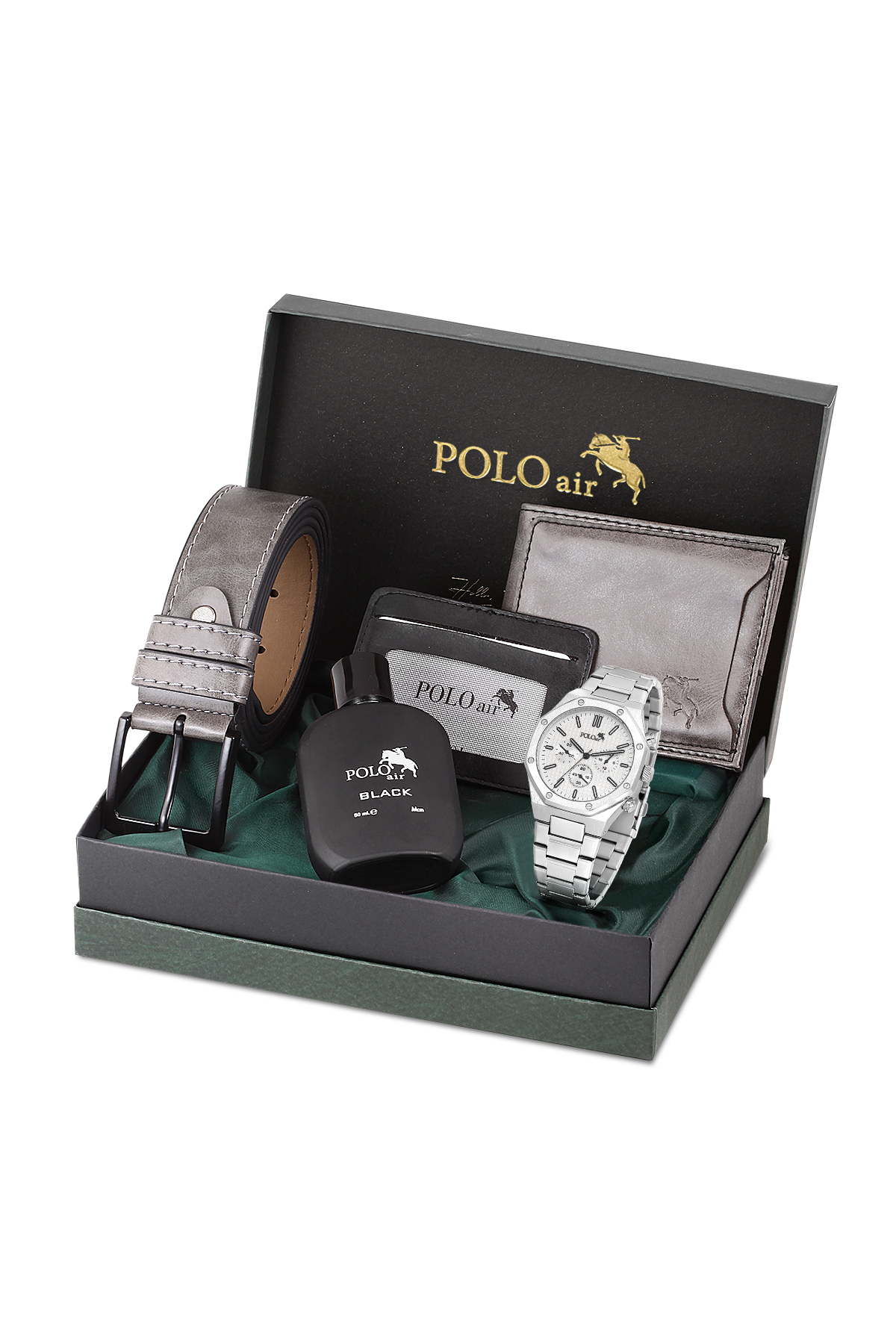 Erkek Kol Saati Kemer Cüzdan Kartlık Parfüm Hediyelik Kutusunda Gümüş Set Pl-7025E4 Gümüş Pl-7025E4