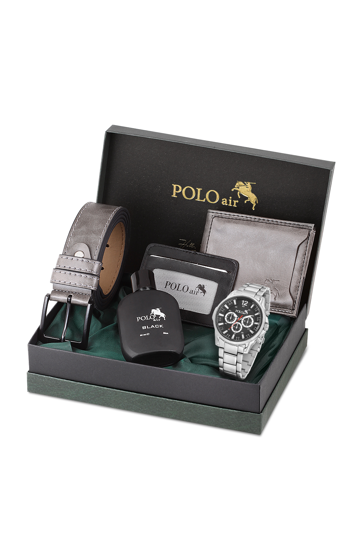 Erkek Kol Saati Kemer Cüzdan Kartlık Parfüm Hediyelik Kutusunda Gümüş Siyah Renk Pl-7033E5 Siyah Pl-7033E5