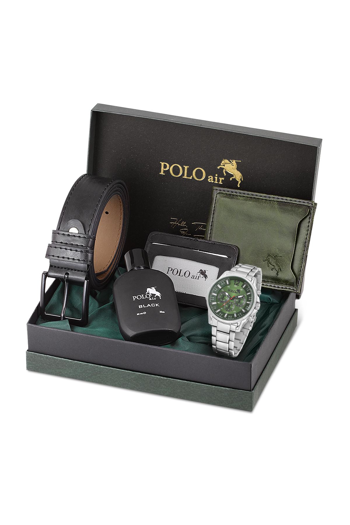 Erkek Kol Saati Kemer Cüzdan Kartlık Parfüm Hediyelik Kutusunda Gümüş Yeşil Renk Pl-7033E3 Yeşil Pl-7033E3