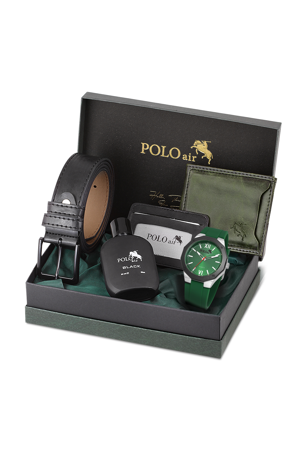 Erkek Kol Saati Kemer Cüzdan Kartlık Parfüm Hediyelik Kutusunda Gümüş Yeşil Set Pl-7048E3 Yeşil Pl-7048E3