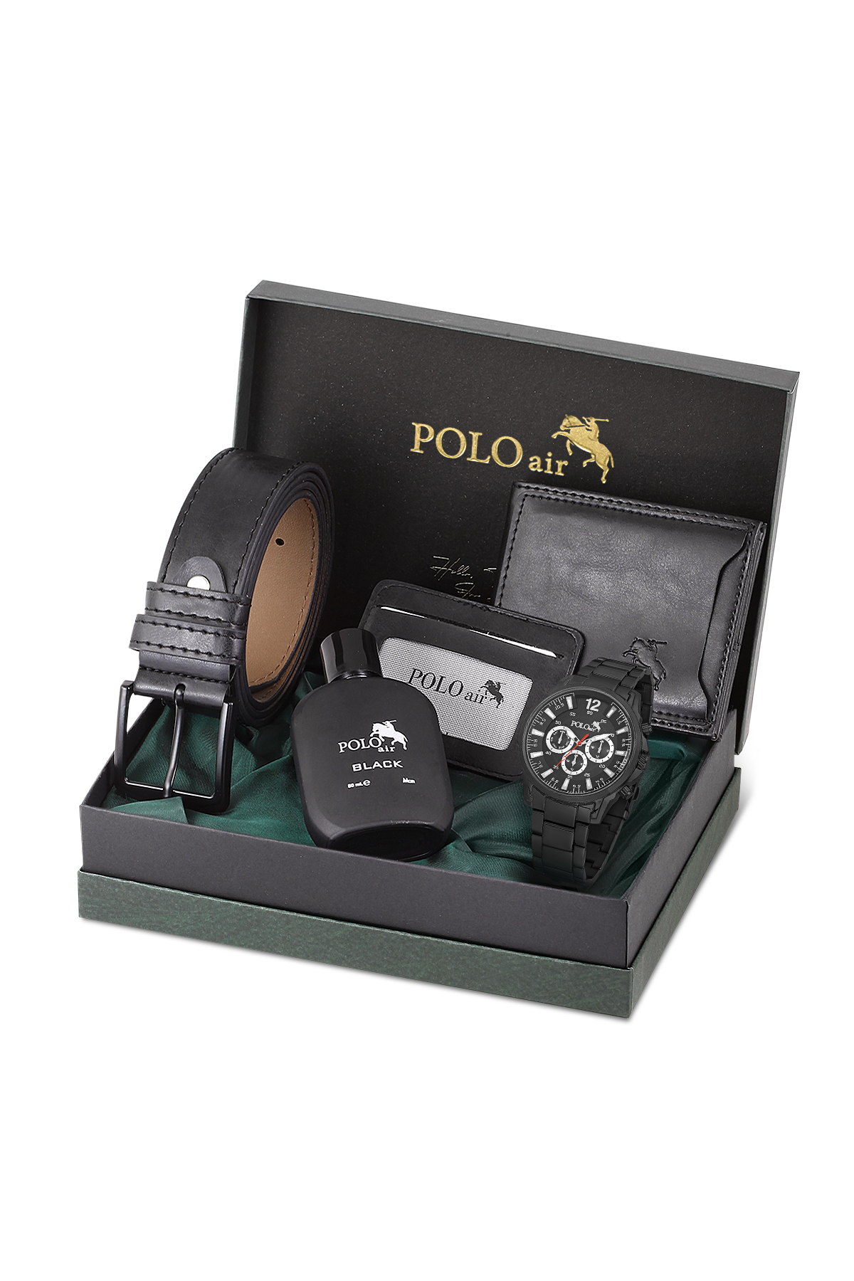 Erkek Kol Saati Kemer Cüzdan Kartlık Parfüm Hediyelik Kutusunda Siyah Set Pl-7033E1 Siyah Pl-7033E1