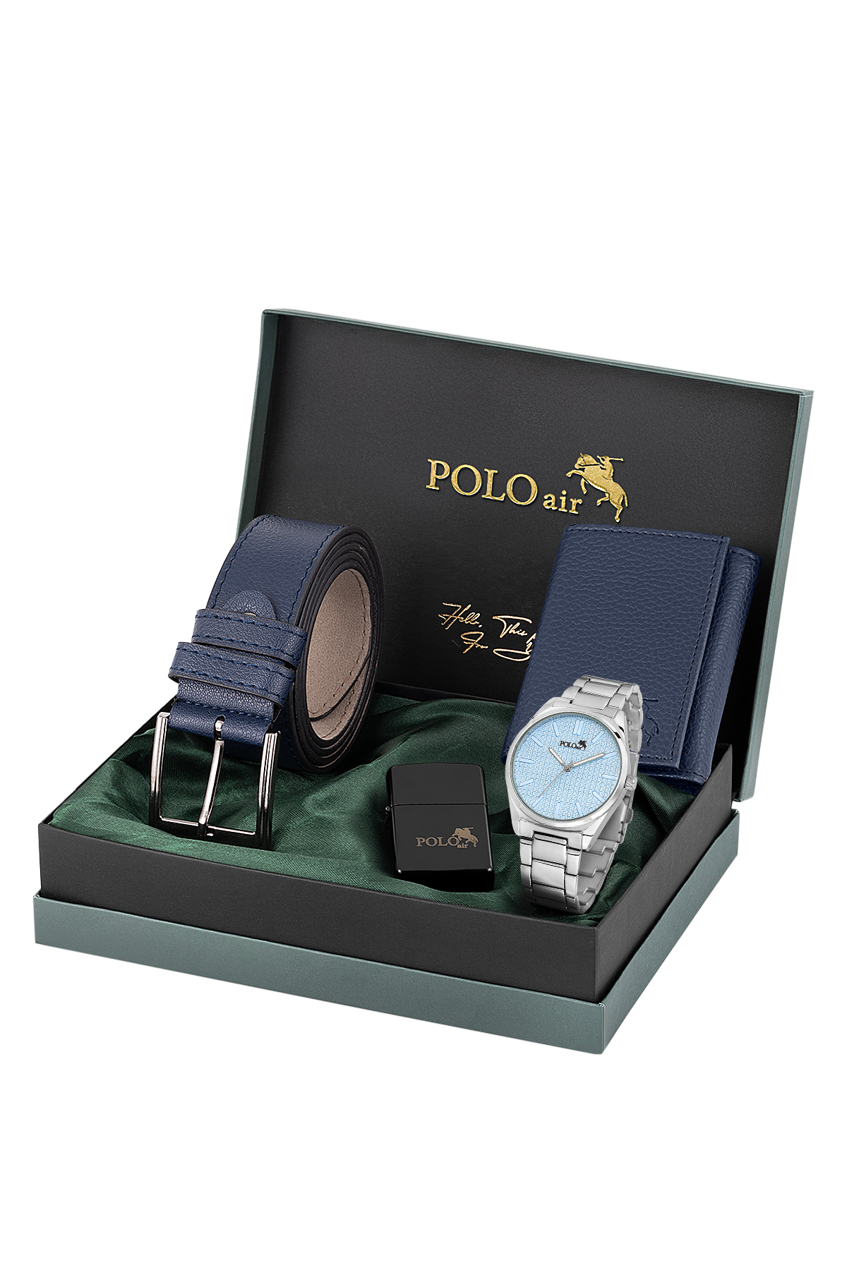 Erkek Kol Saati Kemer Mıknatıslı Cüzdan Çakmak Seti Gümüş Mavi Renk Pl-7063E4 Mavi Pl-7063E4