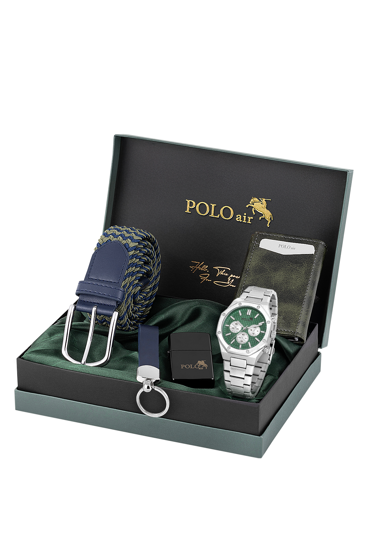 Erkek Kol Saati Otomatik Cüzdan Esnek Kemer Anahtarlık Çakmak Gümüş Yeşil Lacivert Renk Pl-7053E3 Yeşil Pl-7053E3