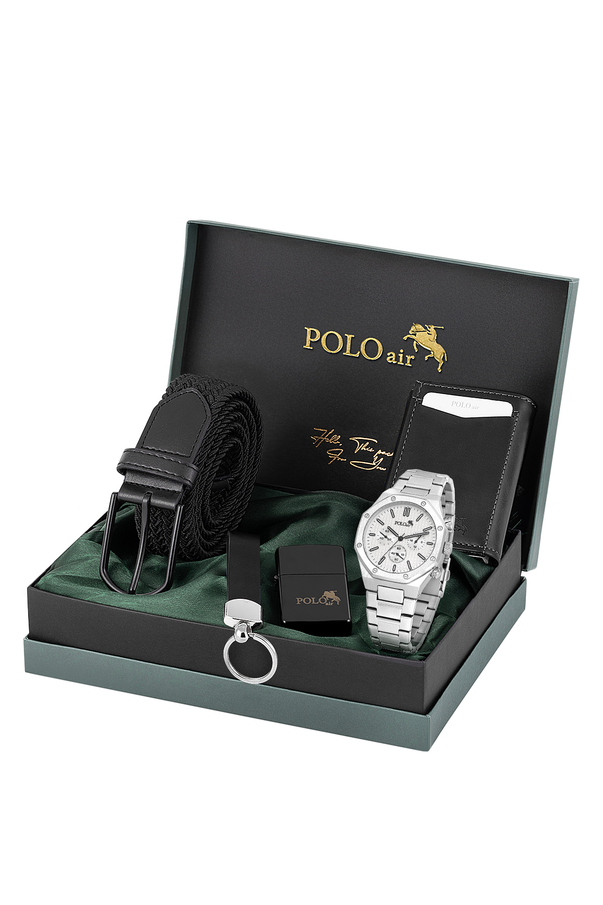 Erkek Kol Saati Otomatik Mekanizmalı Cüzdan Esnek Kemer Anahtarlık Çakmak Set Gümüş Renk Pl-7053E4 Gümüş Pl-7053E4