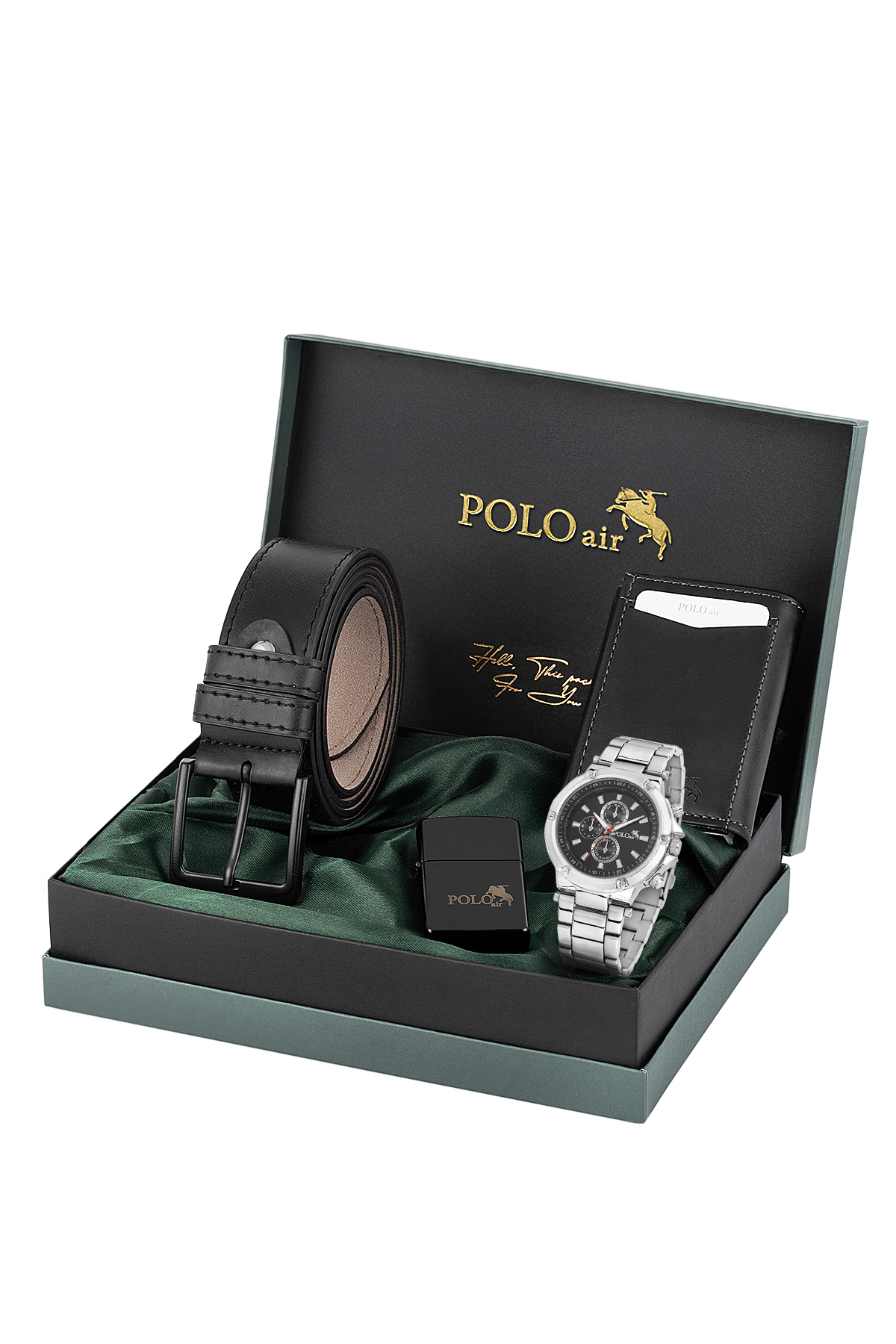 Erkek Kol Saati Otomatik Mekanizmalı Cüzdan Kemer Çakmak Set Gümüş Siyah Renk Pl-7070E1 Siyah Pl-7070E1