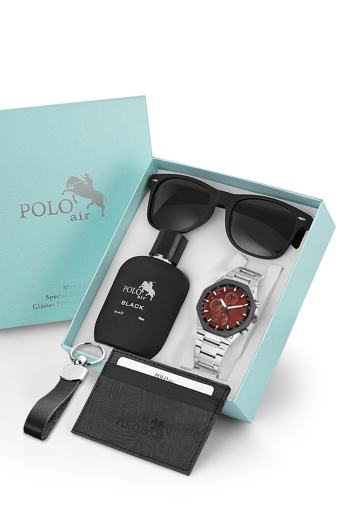 Erkek Kol Saati Parfüm Gözlük Kartlık Anahtarlık Hediyelik Kutusunda Gümüş Kırmızı Renk Pl-7067E6 Kırmızı Pl-7067E6