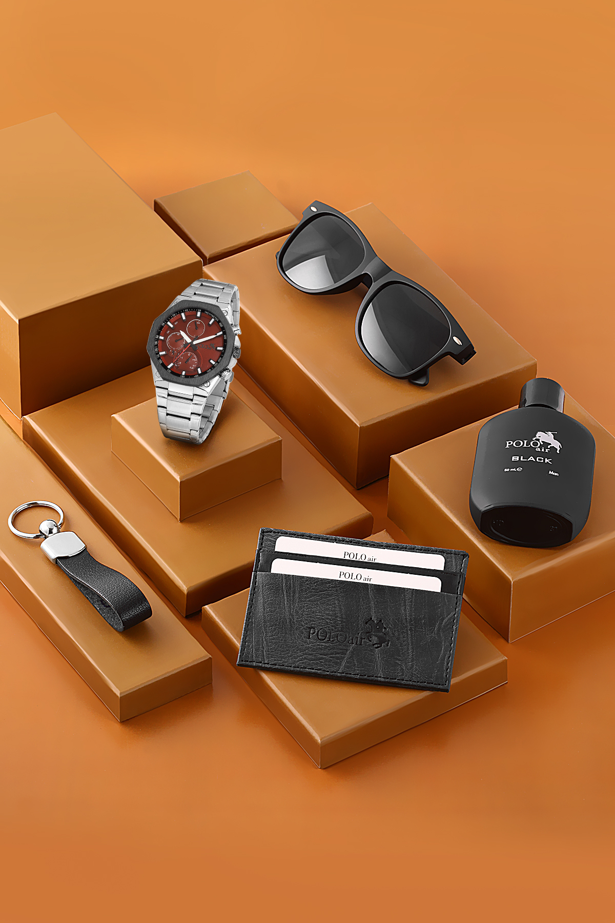 Erkek Kol Saati Parfüm Gözlük Kartlık Anahtarlık Hediyelik Kutusunda Gümüş Kırmızı Renk Pl-7067E6 Kırmızı Pl-7067E6