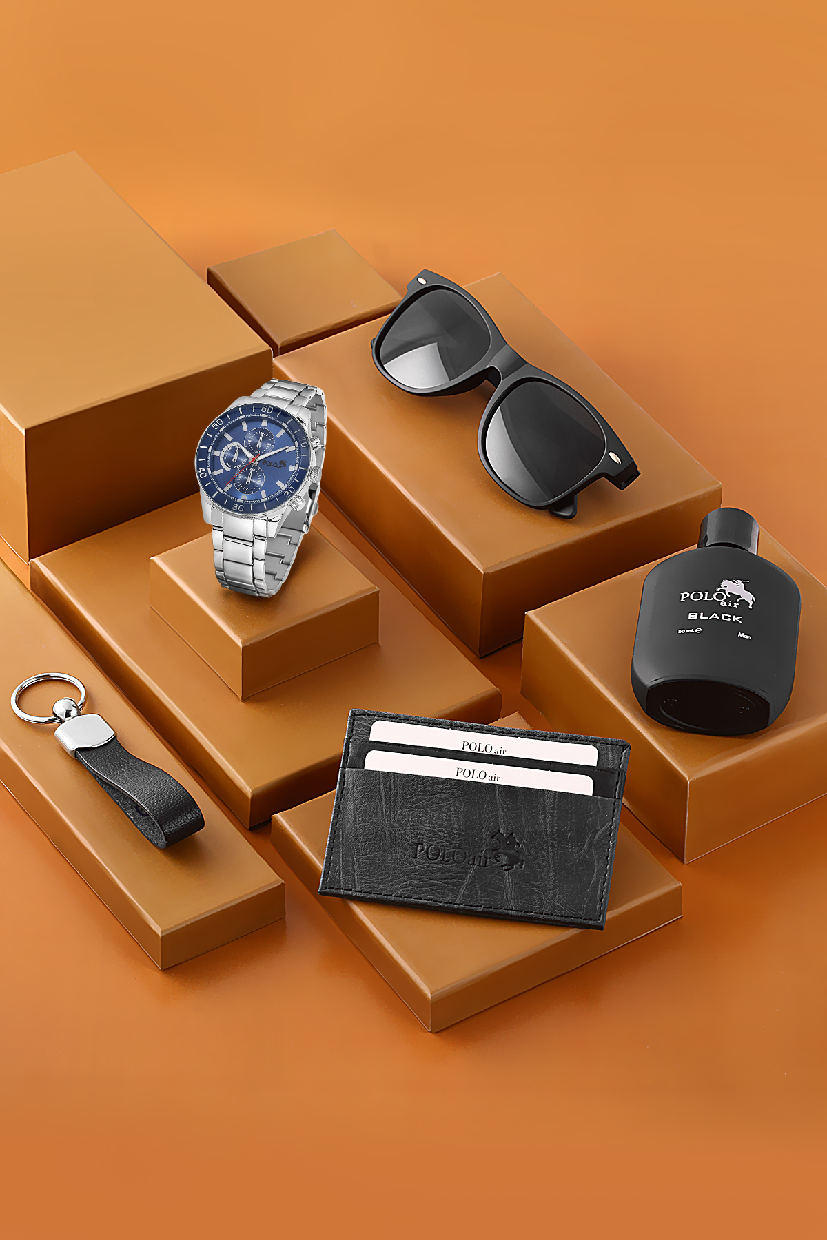 Erkek Kol Saati Parfüm Gözlük Kartlık Anahtarlık Hediyelik Kutusunda Gümüş Lacivert Renk Pl-7054E2 Lacivert Pl-7054E2