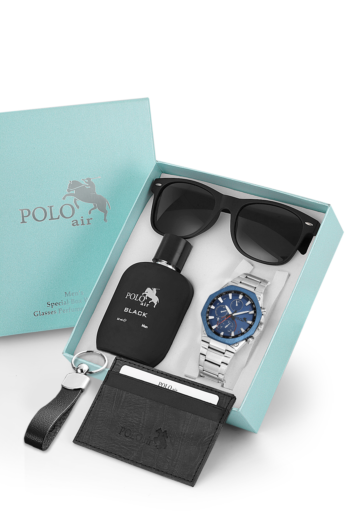 Erkek Kol Saati Parfüm Gözlük Kartlık Anahtarlık Hediyelik Kutusunda Gümüş Lacivert Renk Pl-7067E2 Lacivert-Gümüş Pl-7067E2