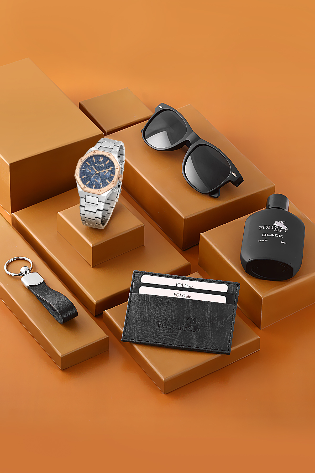 Erkek Kol Saati Parfüm Gözlük Kartlık Anahtarlık Hediyelik Kutusunda Lacivert Bakır Renk Pl-7052E5 Çok Renkli Pl-7052E5