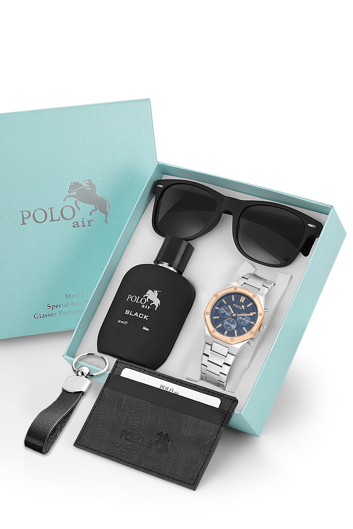 Erkek Kol Saati Parfüm Gözlük Kartlık Anahtarlık Hediyelik Kutusunda Lacivert Bakır Renk Pl-7052E5 Çok Renkli Pl-7052E5