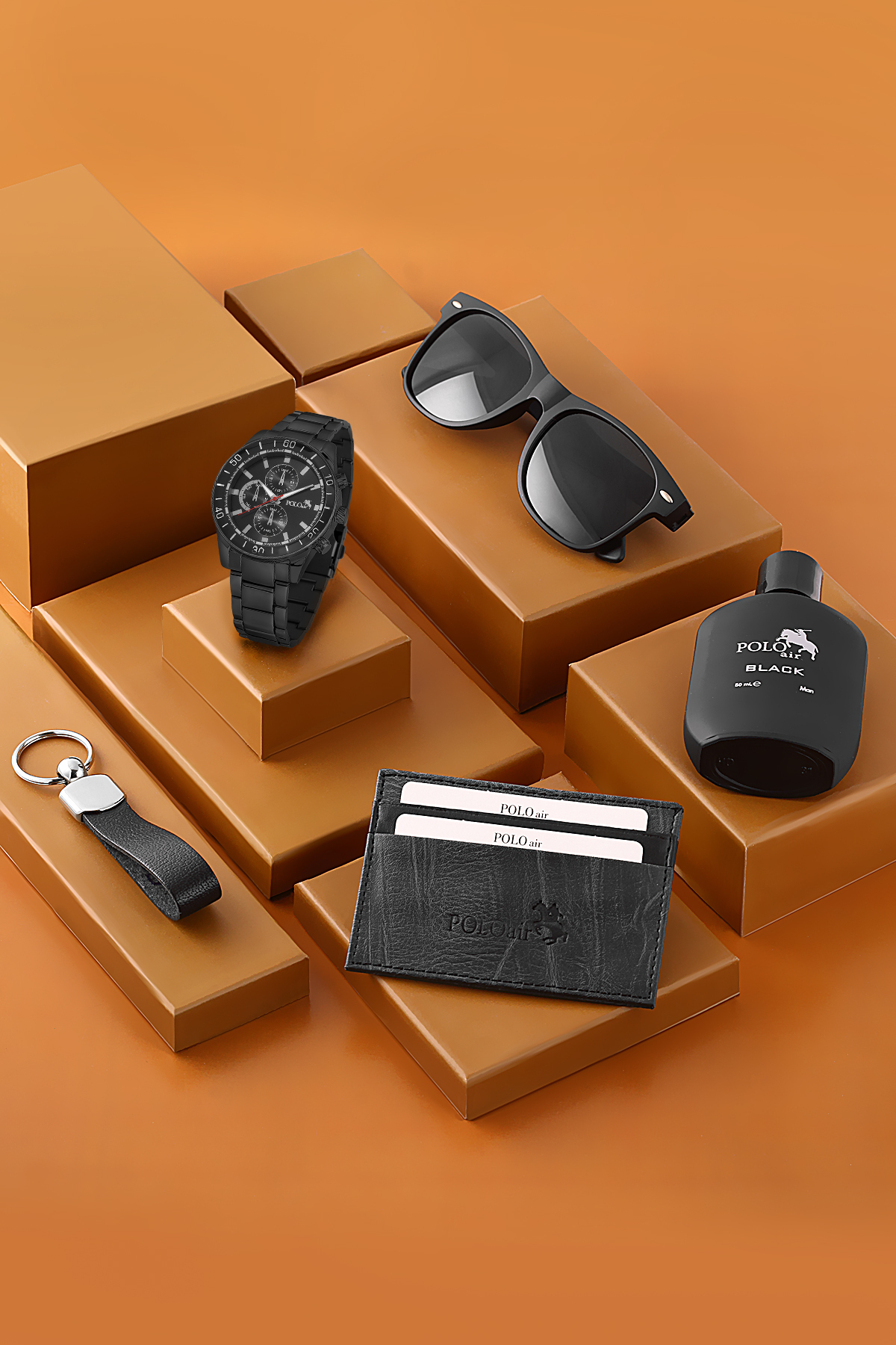 Erkek Kol Saati Parfüm Gözlük Kartlık Anahtarlık Hediyelik Kutusunda Siyah Renk Pl-7054E1 Siyah Pl-7054E1