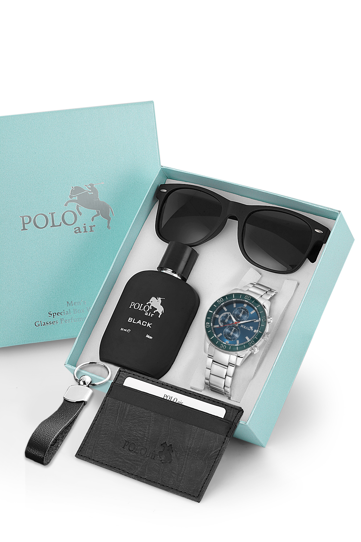 Erkek Kol Saati Parfüm Gözlük Kartlık Anahtarlık Hediyelik Kutusunda Yeşil Lacivert Renk Pl-7054E3 Çok Renkli Pl-7054E3