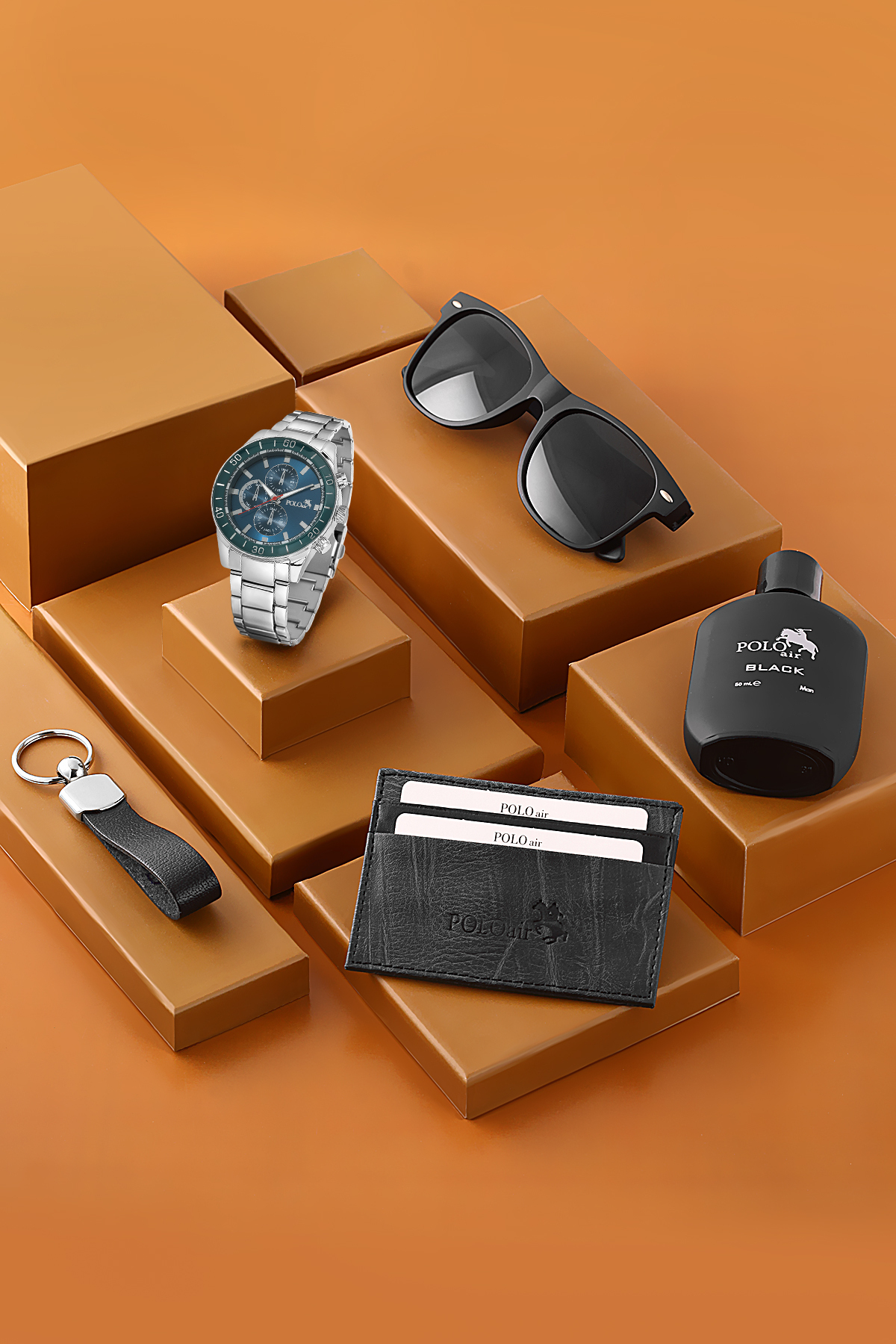 Erkek Kol Saati Parfüm Gözlük Kartlık Anahtarlık Hediyelik Kutusunda Yeşil Lacivert Renk Pl-7054E3 Çok Renkli Pl-7054E3