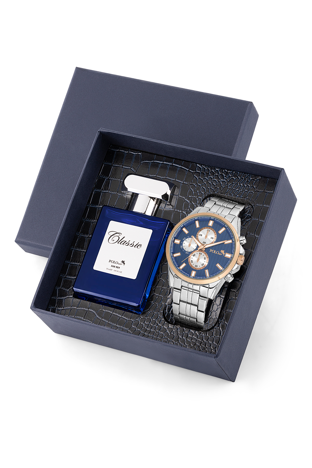 Erkek Kol Saati Ve 55Ml Parfüm Hediyelik Kutusunda Set Gümüş Lacivert Bakır Renk St-5007E6 Çok Renkli St-5007E6