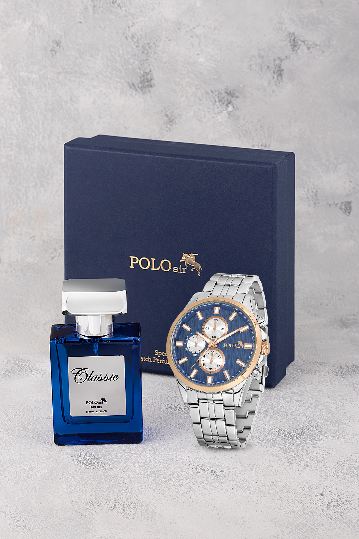 Erkek Kol Saati Ve 55Ml Parfüm Hediyelik Kutusunda Set Gümüş Lacivert Bakır Renk St-5007E6 Çok Renkli St-5007E6