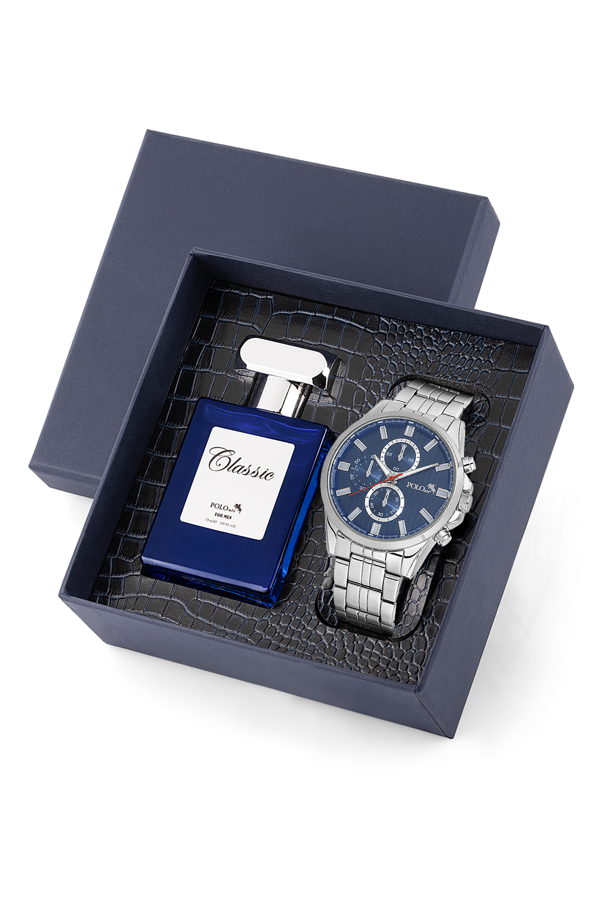 Erkek Kol Saati Ve 55Ml Parfüm Hediyelik Kutusunda Set Gümüş Lacivert Renk St-5007E2 Lacivert St-5007E2