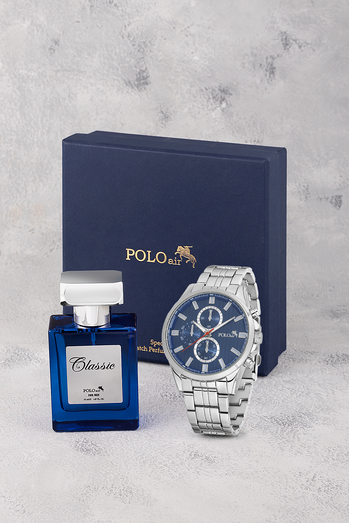 Erkek Kol Saati Ve 55Ml Parfüm Hediyelik Kutusunda Set Gümüş Lacivert Renk St-5007E2 Lacivert St-5007E2