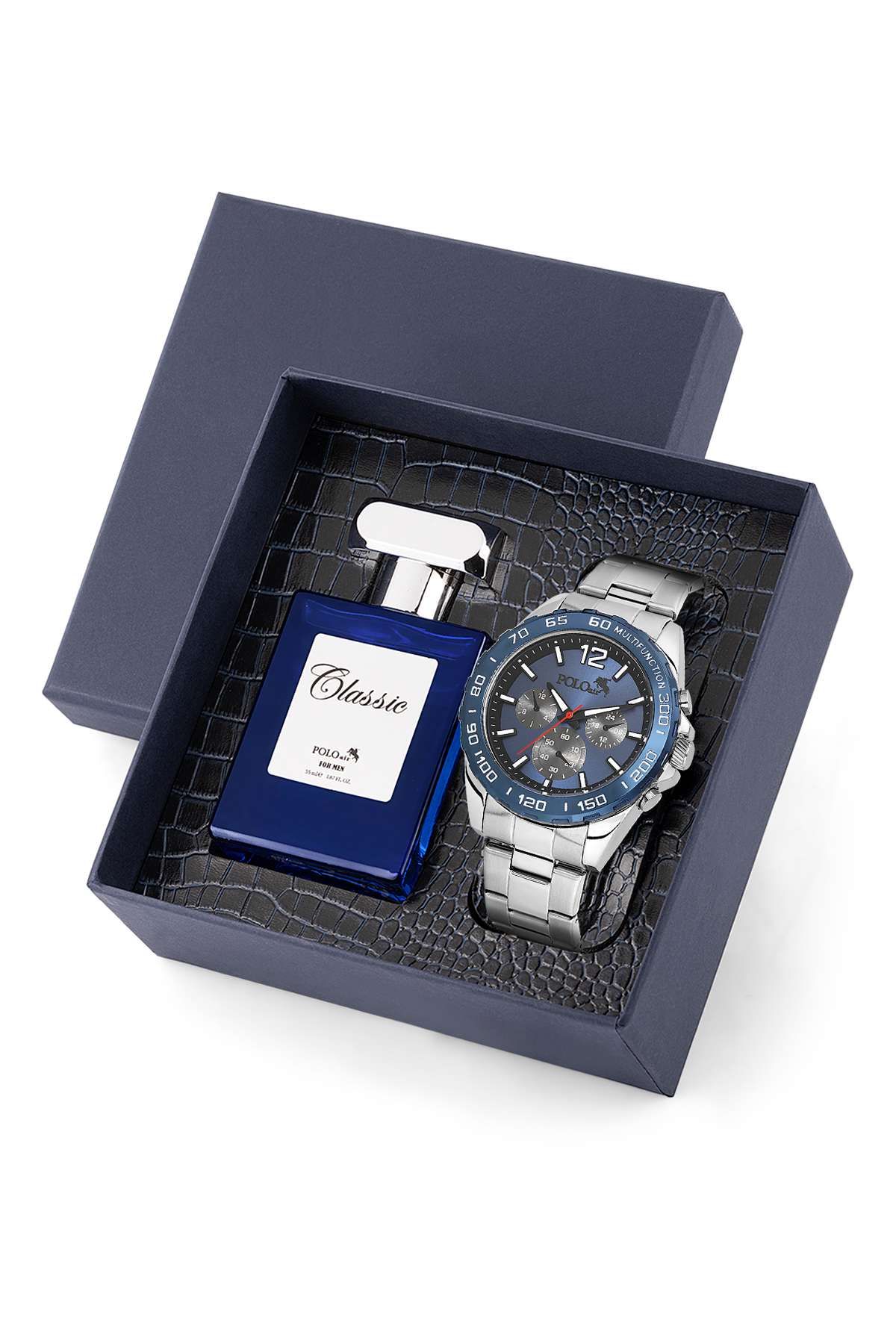 Erkek Kol Saati Ve 55Ml Parfüm Hediyelik Kutusunda Set Gümüş Lacivert Renk St-5011E2 Lacivert St-5011E2